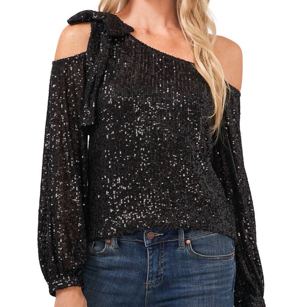 CECE Black Cold Shoulder Bow Detail Asymmetrical Neck Sequin Top Size NWT